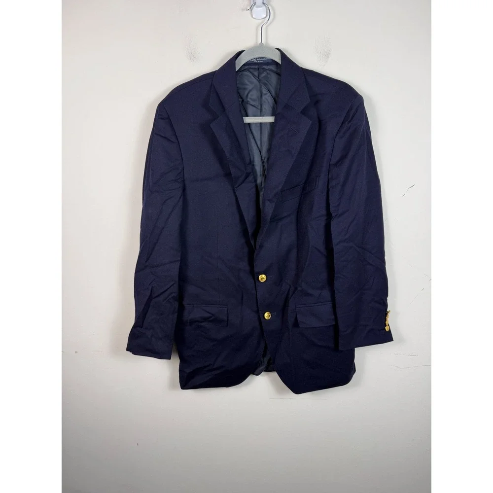 VTG Polo Ralph Lauren Navy Blue Virgin Wool Blazer Gold Crest Buttons 40R Italy - Picture 1 of 10